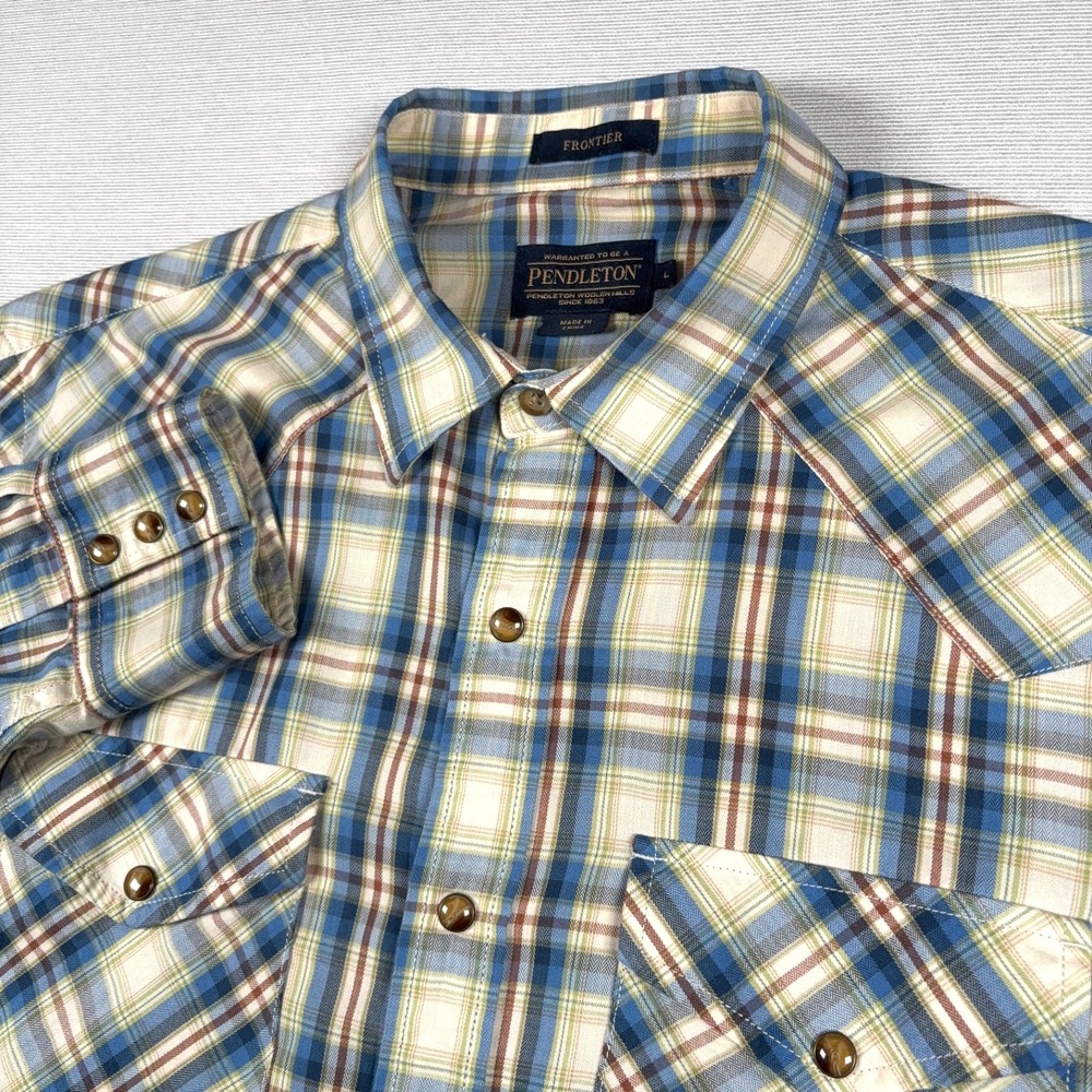 Pendleton Frontier Pearl Snap Shirt Mens Size L Blue Green Plaid Cotton Poly